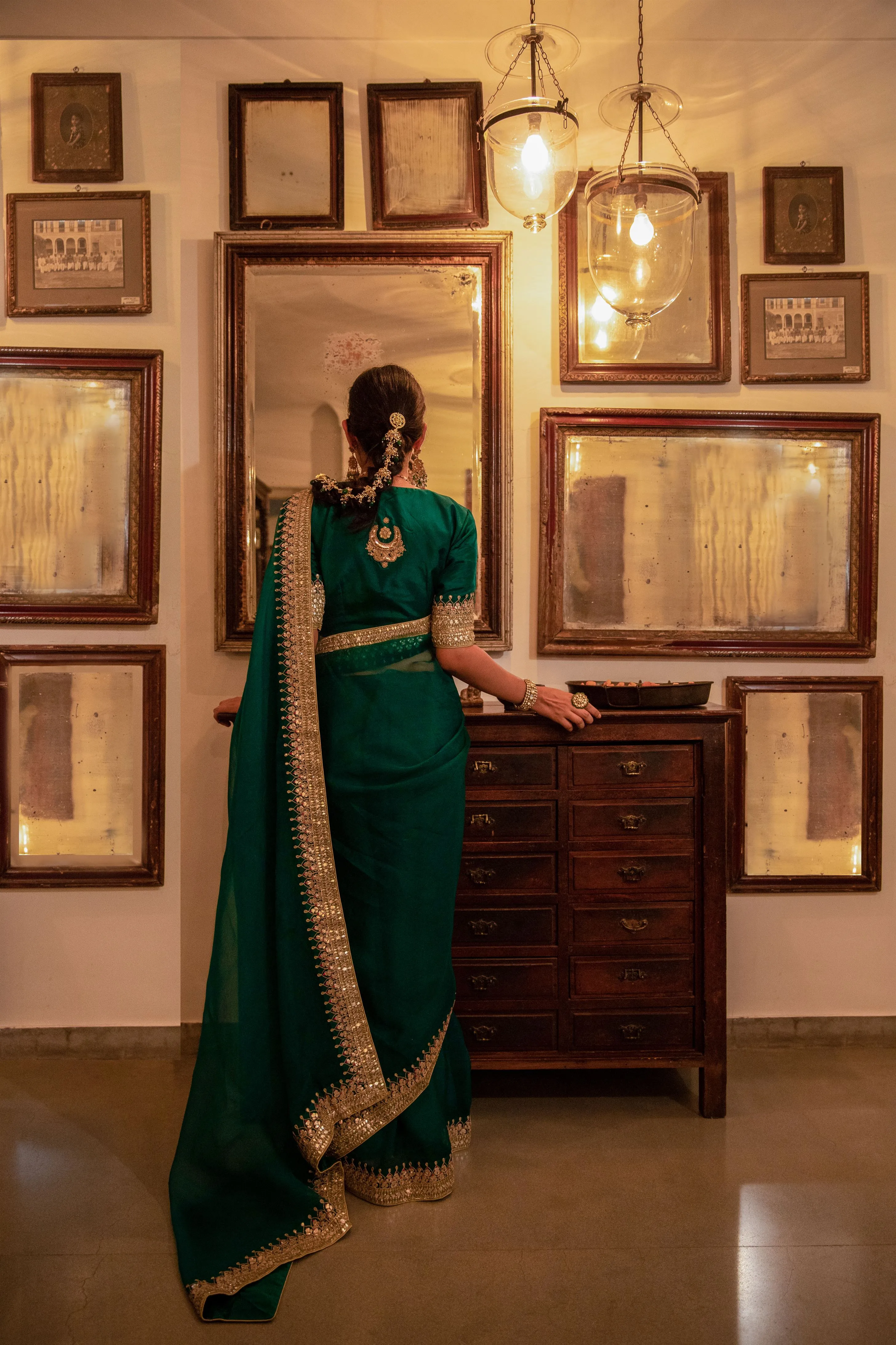Aarti Sethia Studio    I   Emerald Green Hand Embroidered Gota Patti Bridal saree Set