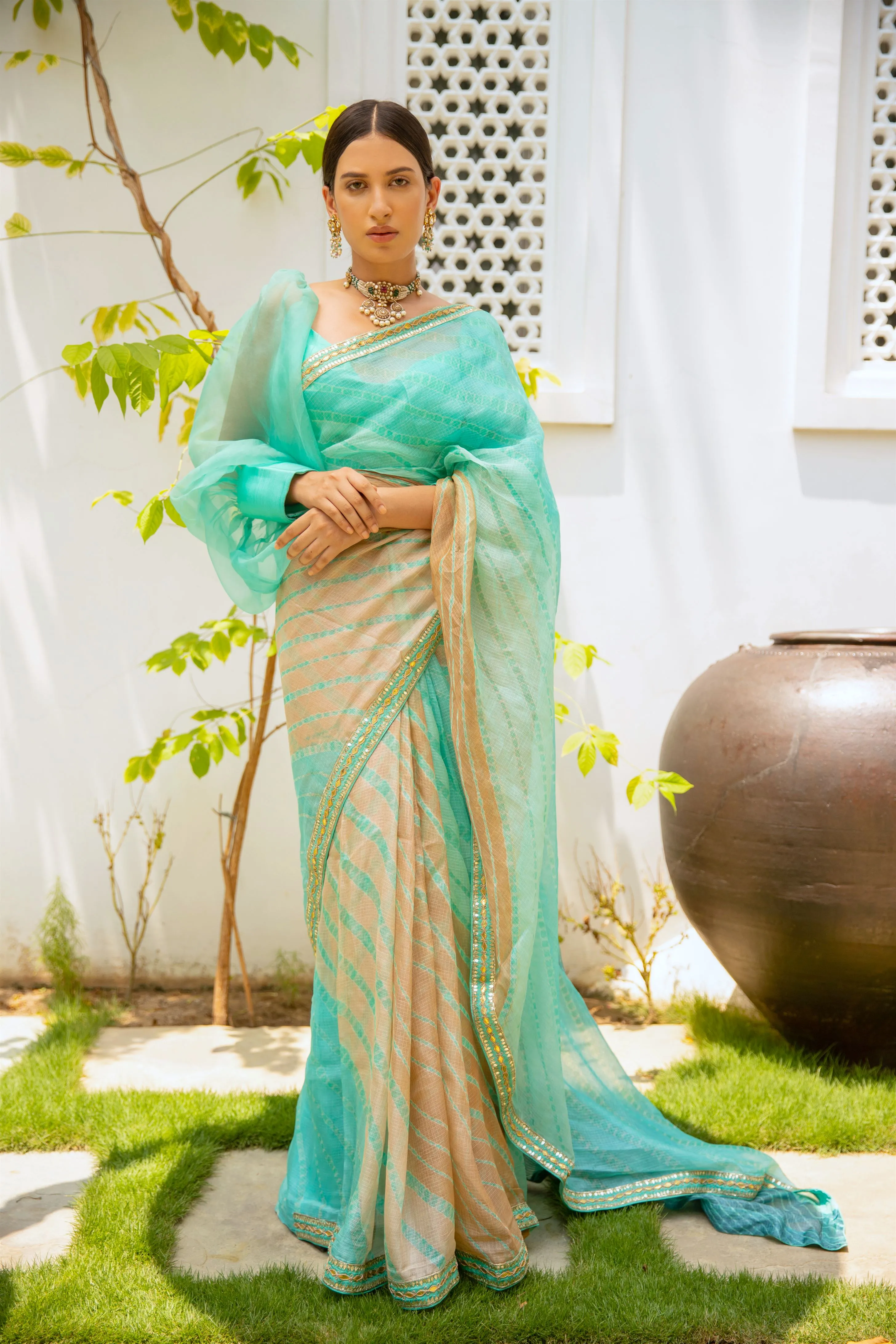Aarti Sethia Studio    I   Sea Green Hand Embroidered Lahariya Saree Set