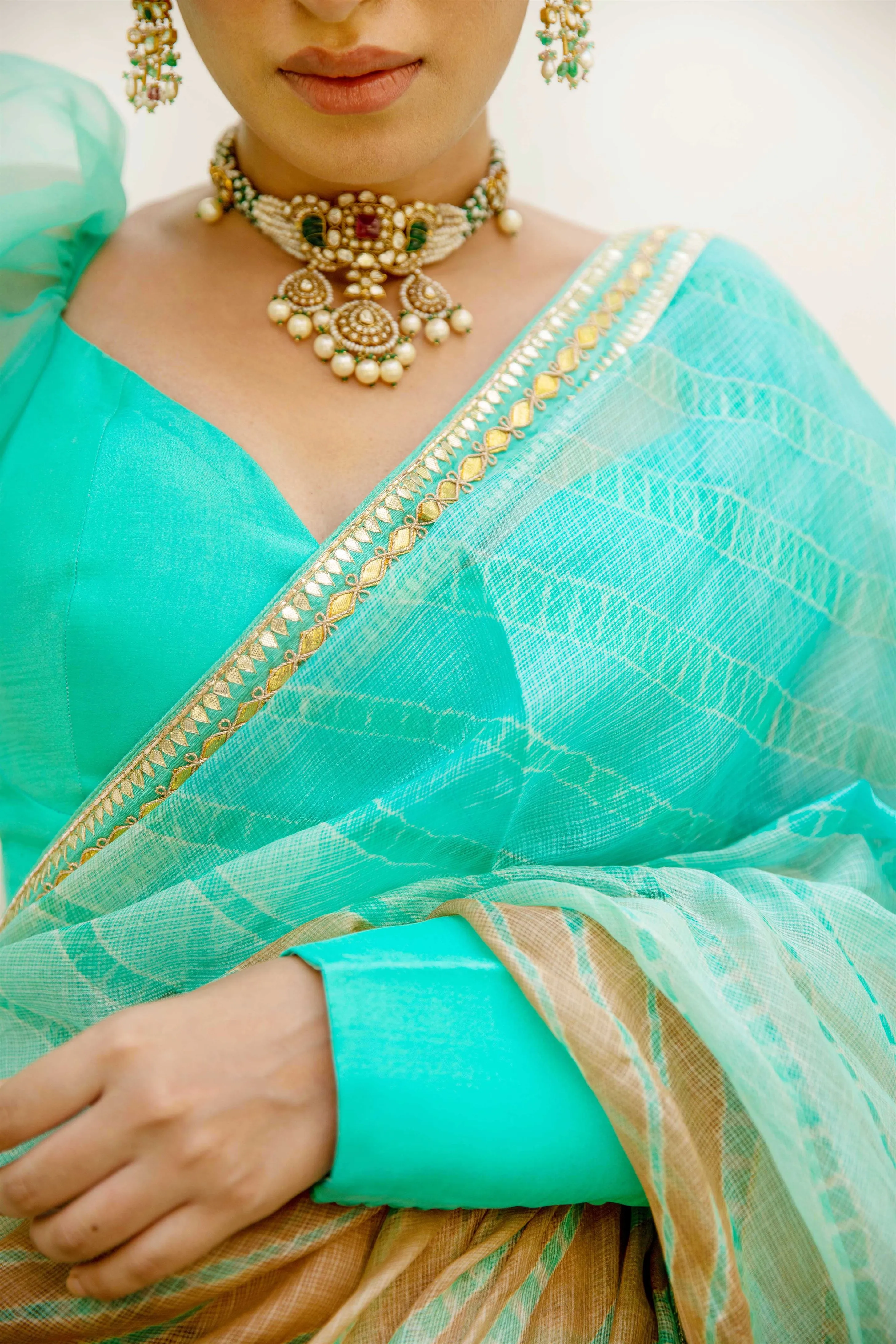 Aarti Sethia Studio    I   Sea Green Hand Embroidered Lahariya Saree Set