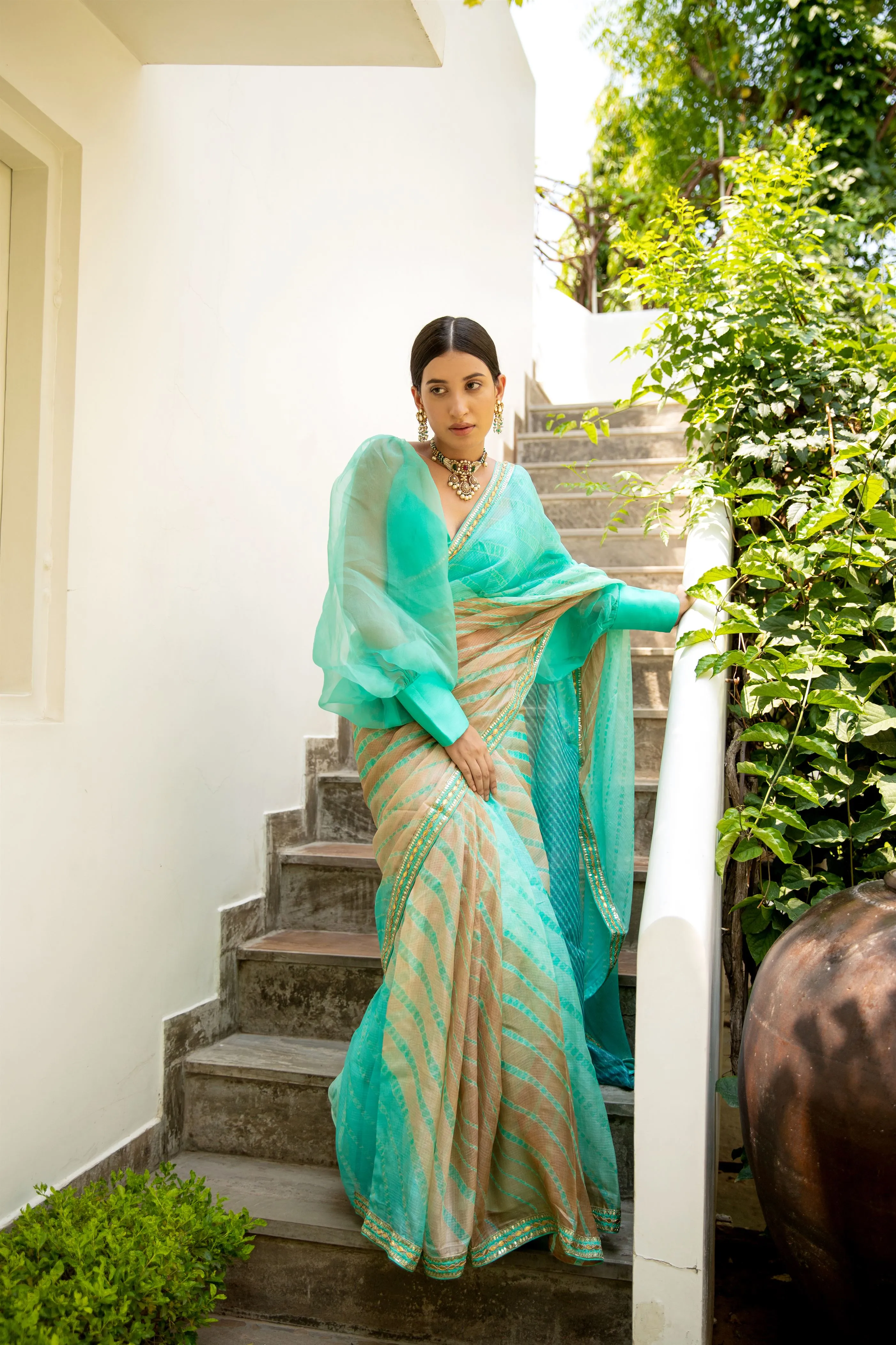 Aarti Sethia Studio    I   Sea Green Hand Embroidered Lahariya Saree Set