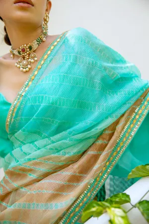 Aarti Sethia Studio    I   Sea Green Hand Embroidered Lahariya Saree Set