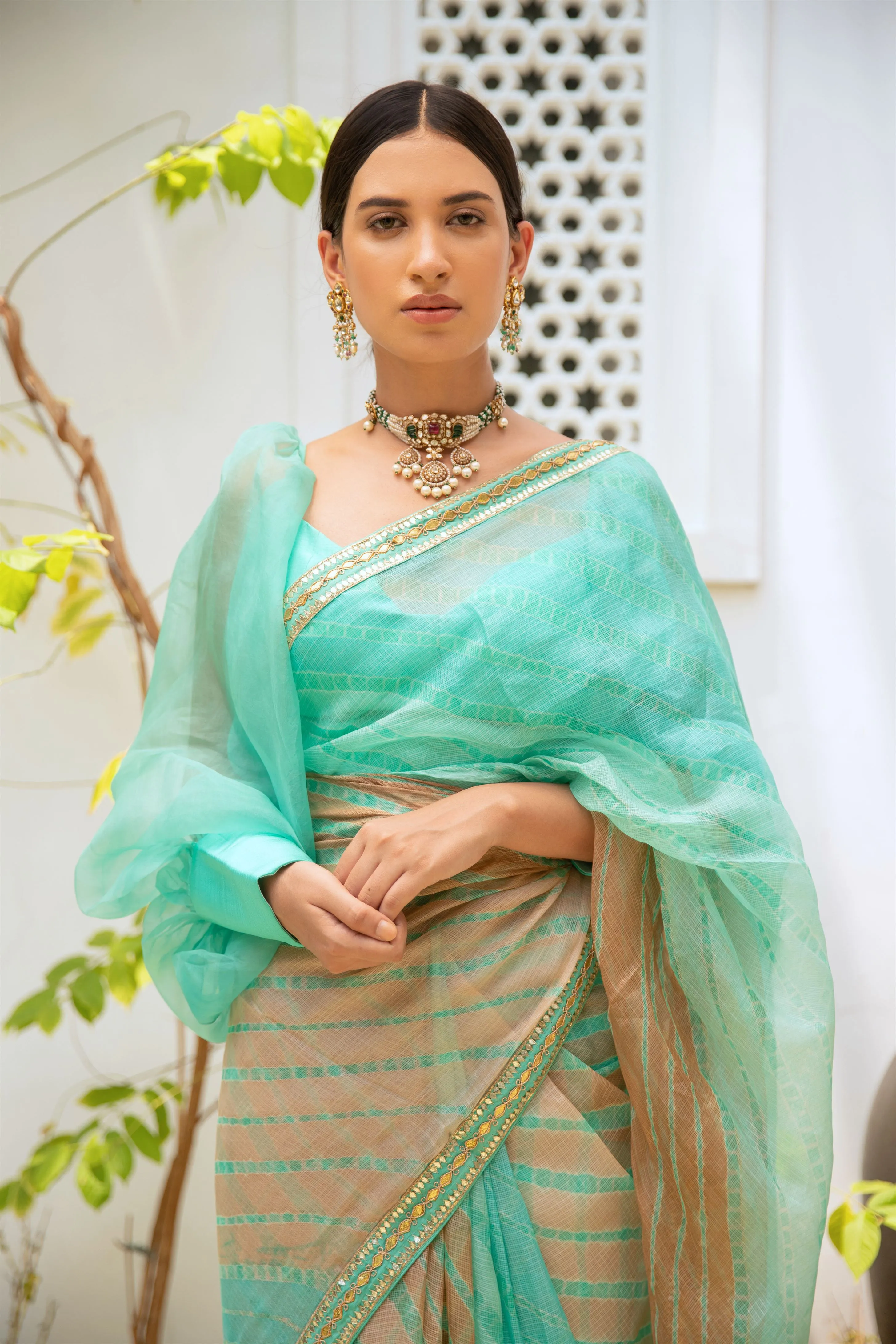 Aarti Sethia Studio    I   Sea Green Hand Embroidered Lahariya Saree Set