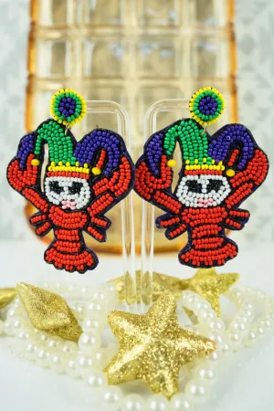 Bejeweled Mardi Gras Crayfish Seed Bead Earrings