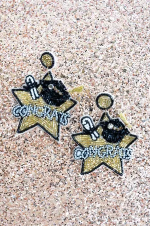 Black and Gold 'Congrats' Graduation Star Seed Bead Earrings