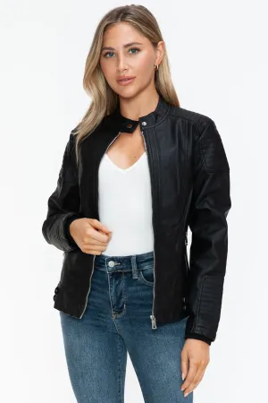 Black Faux Leather Biker Jacket with Side Zip Pockets