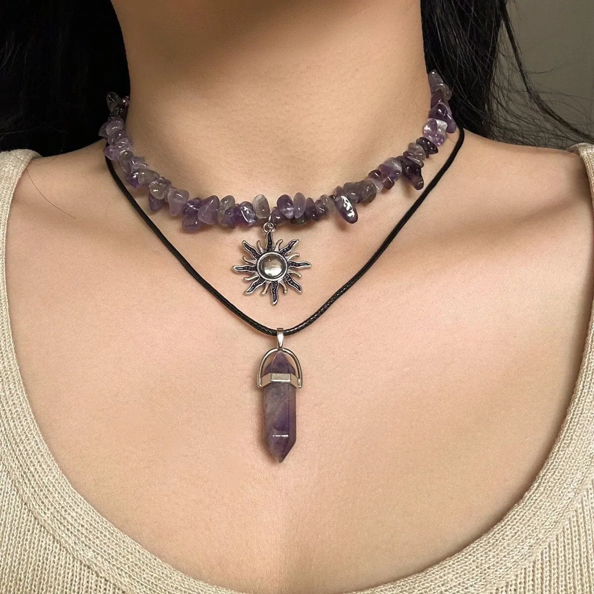 Boho Layered Healing Crystal Sun Pendant Turquoise Stone Choker Necklace Set
