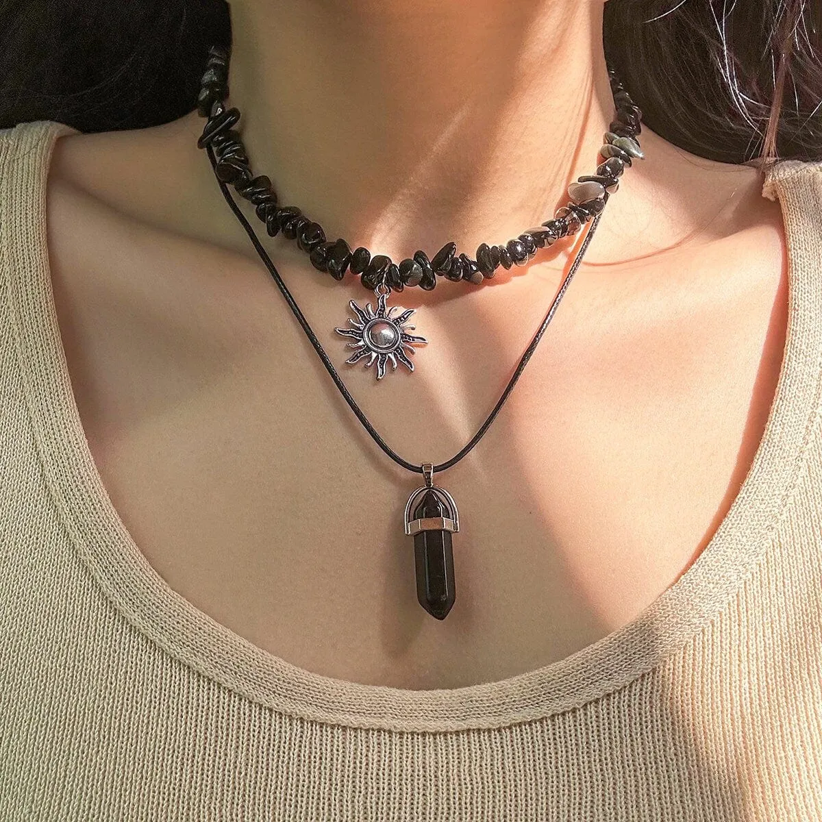 Boho Layered Healing Crystal Sun Pendant Turquoise Stone Choker Necklace Set
