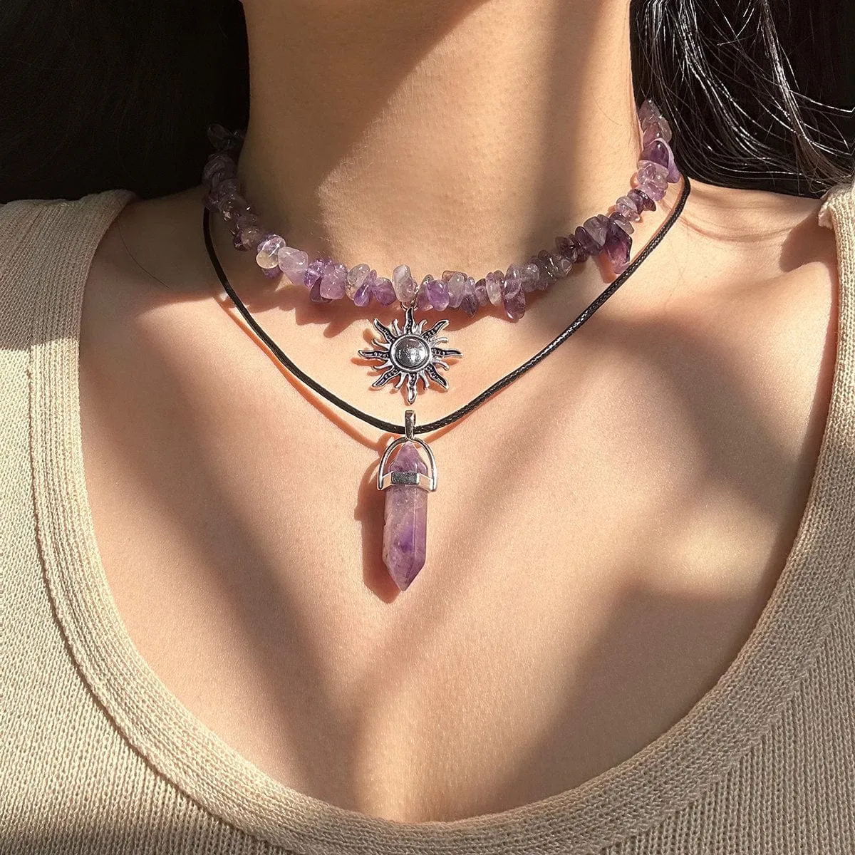Boho Layered Healing Crystal Sun Pendant Turquoise Stone Choker Necklace Set