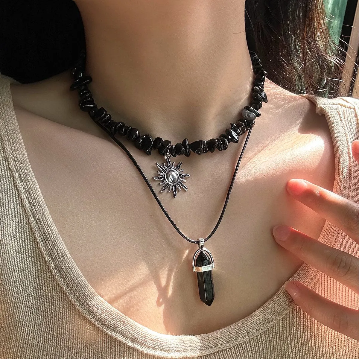 Boho Layered Healing Crystal Sun Pendant Turquoise Stone Choker Necklace Set