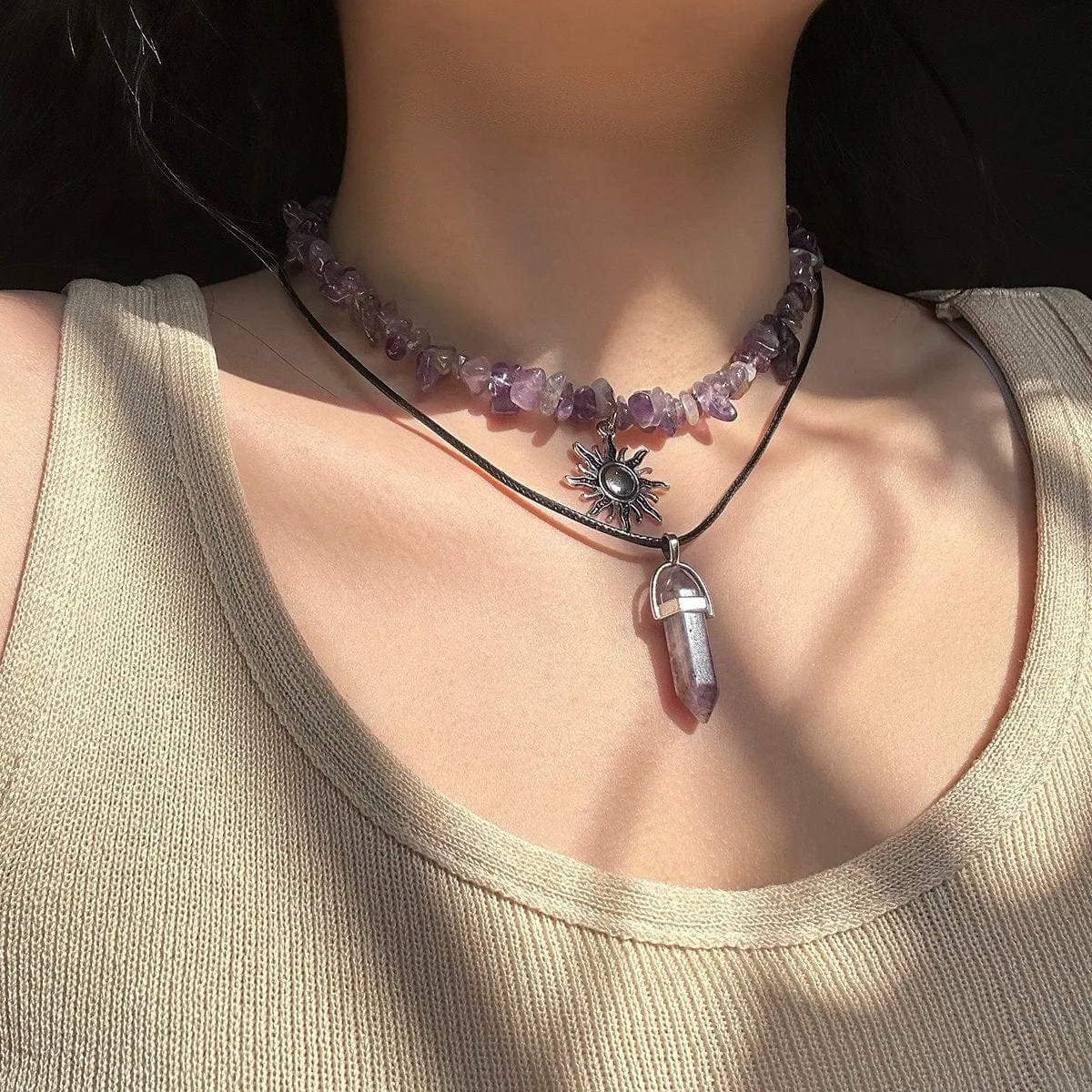 Boho Layered Healing Crystal Sun Pendant Turquoise Stone Choker Necklace Set