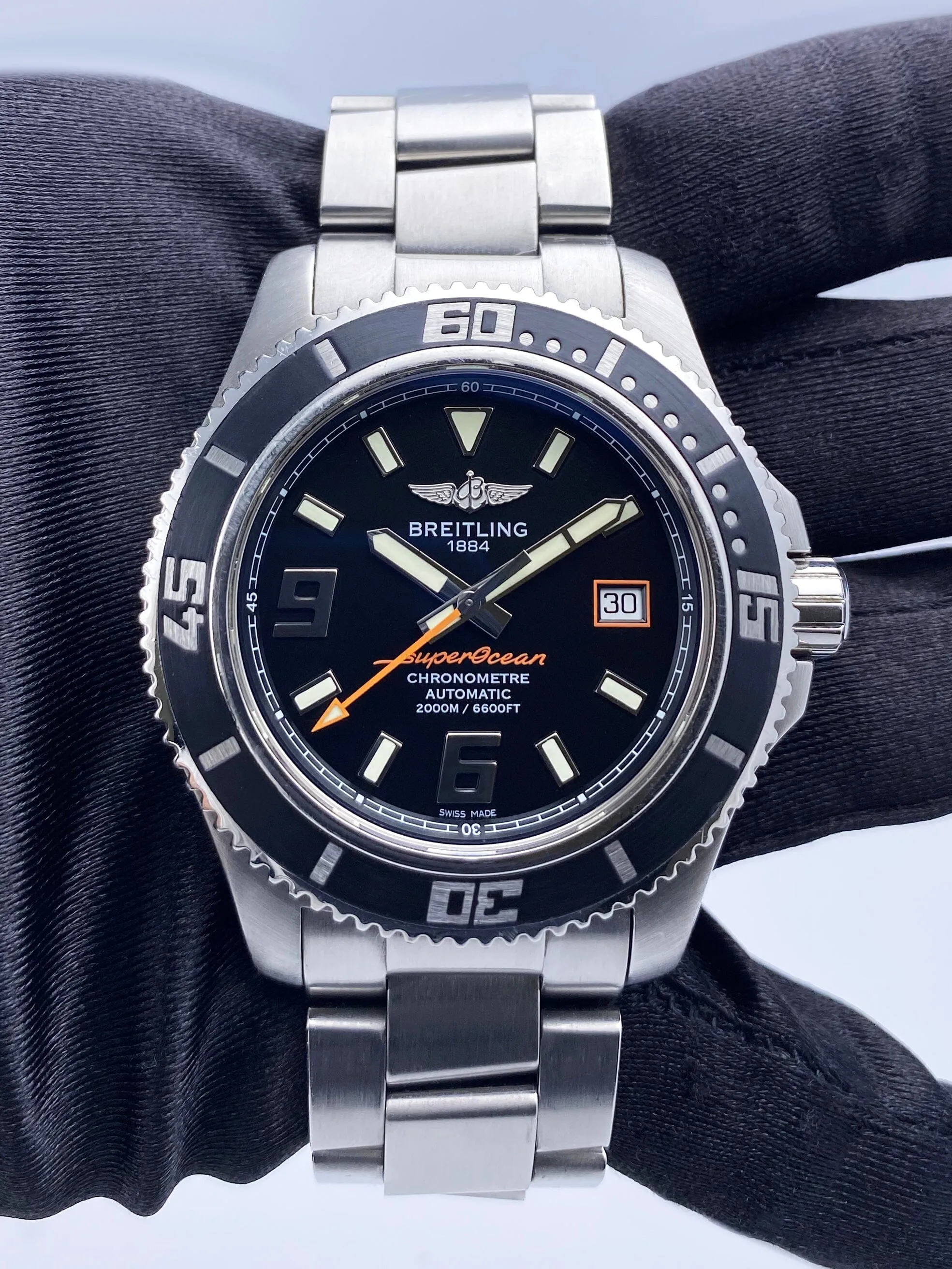 Breitling Superocean 44 A17391 Black Dial Steel Mens Watch Box Papers