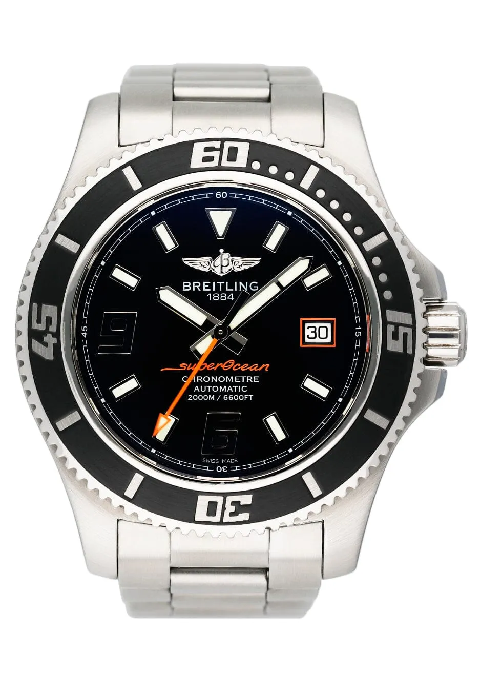 Breitling Superocean 44 A17391 Black Dial Steel Mens Watch Box Papers