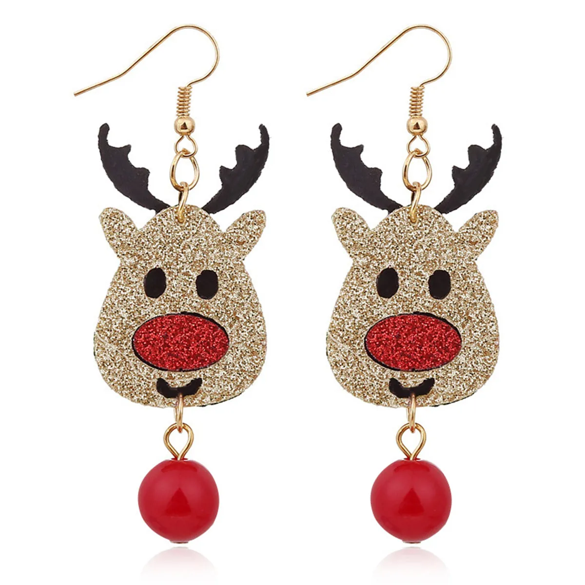 Brown & Red Glitter Reindeer Drop Earrings