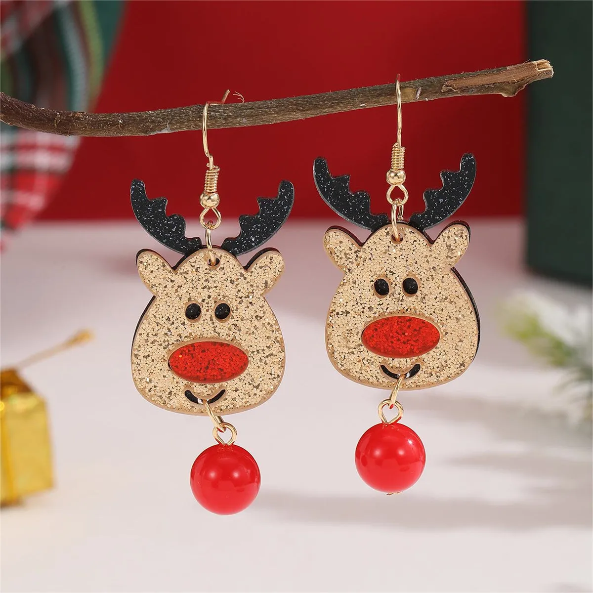 Brown & Red Glitter Reindeer Drop Earrings