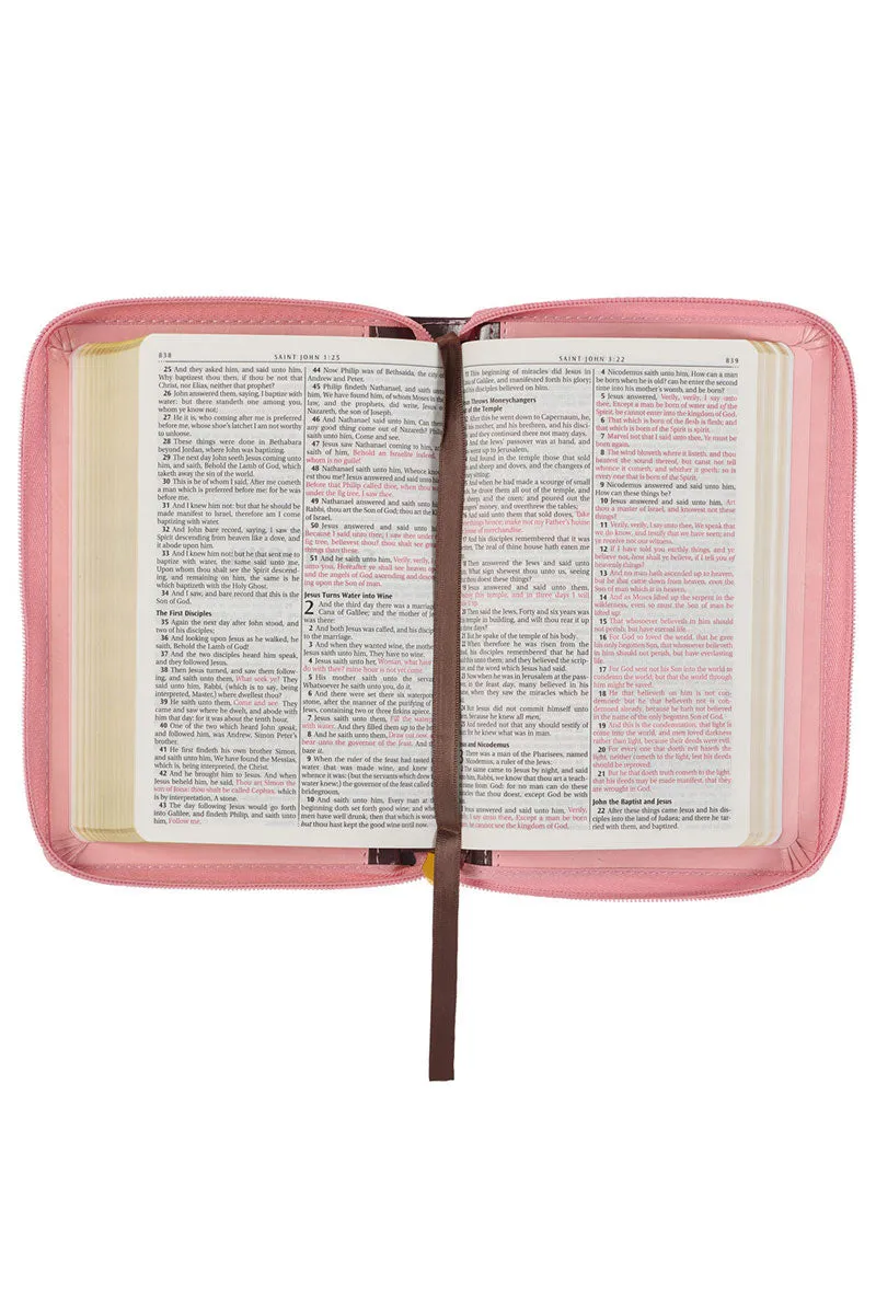 Burgundy and Pink Faux Leather Zippered Compact KJV Bible