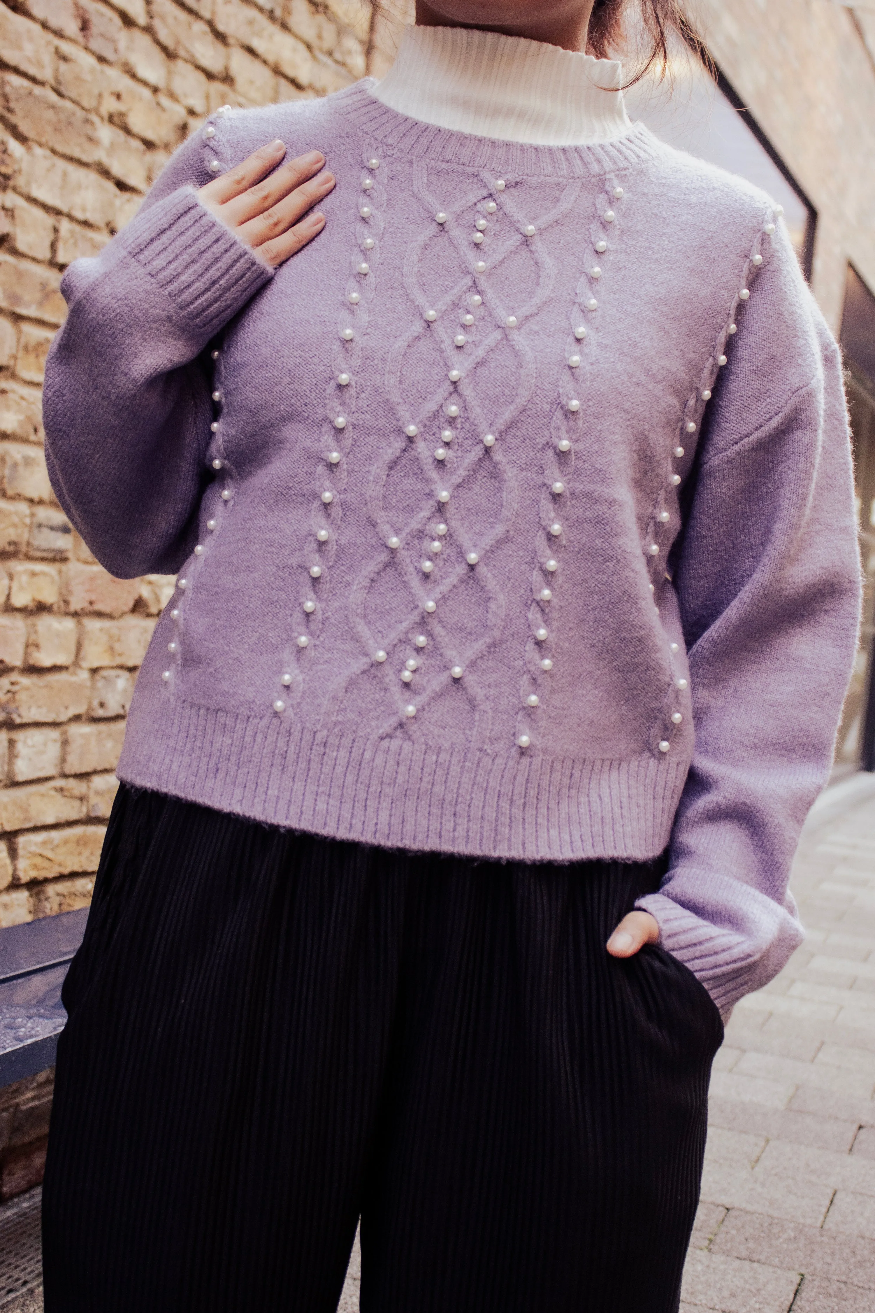 Cable Knit Pearl Embellished Jumper