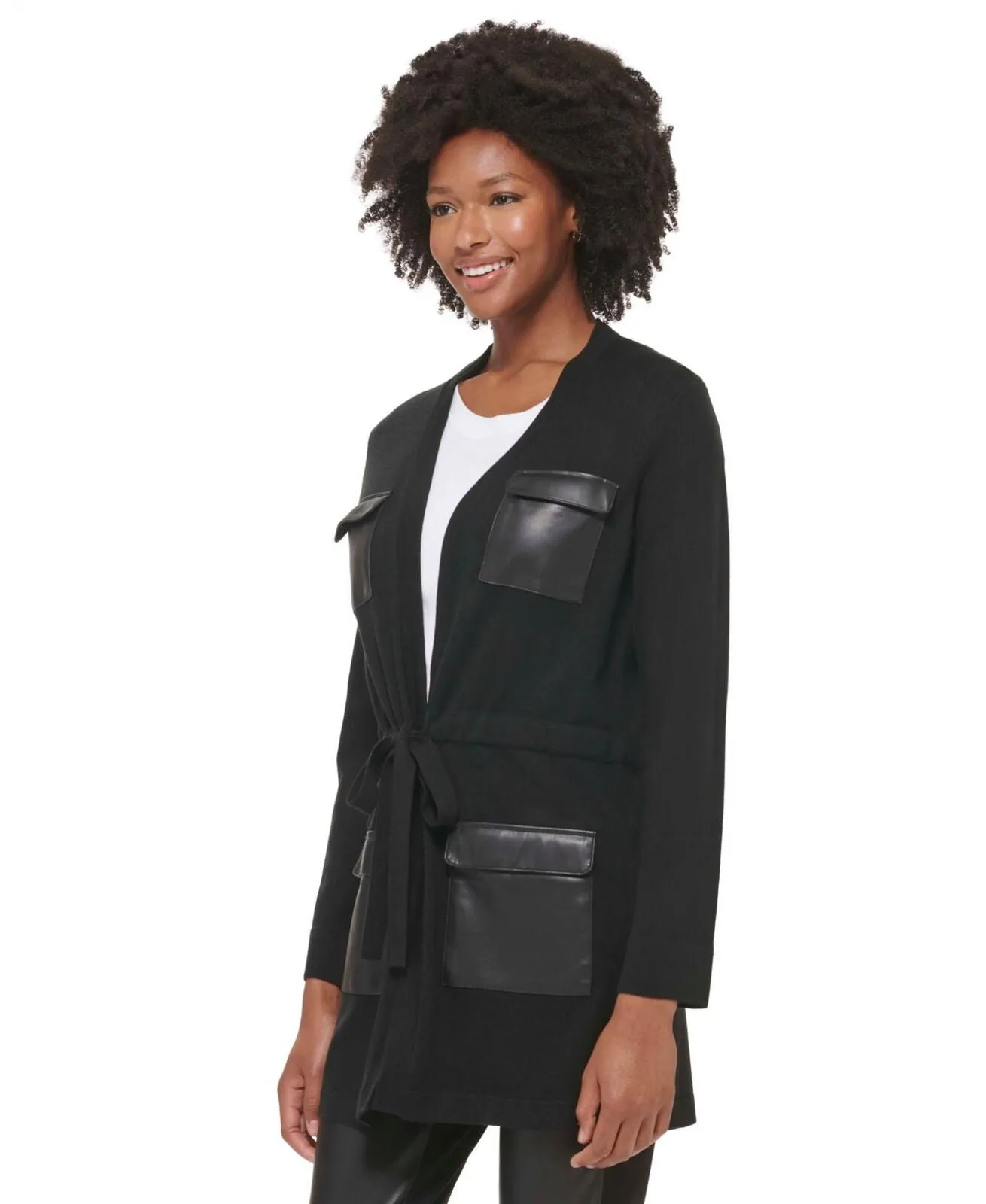 Calvin Klein Womens Faux Leather Pocket Cardigan M2HS6757