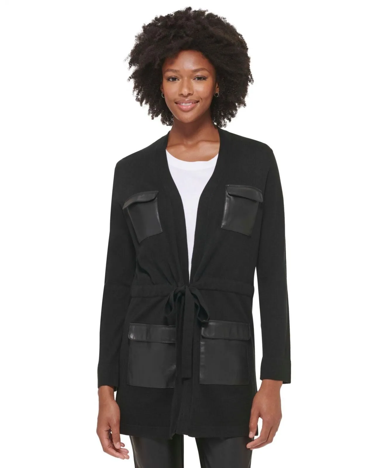 Calvin Klein Womens Faux Leather Pocket Cardigan M2HS6757