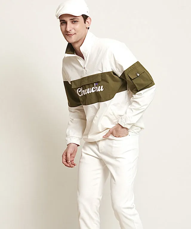 CHUCUCHU Men's Color Anorak Jumper - Khaki/White