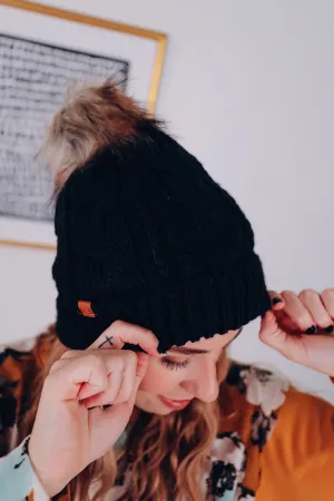 Classic Cable Knit Pom Beanie - Black