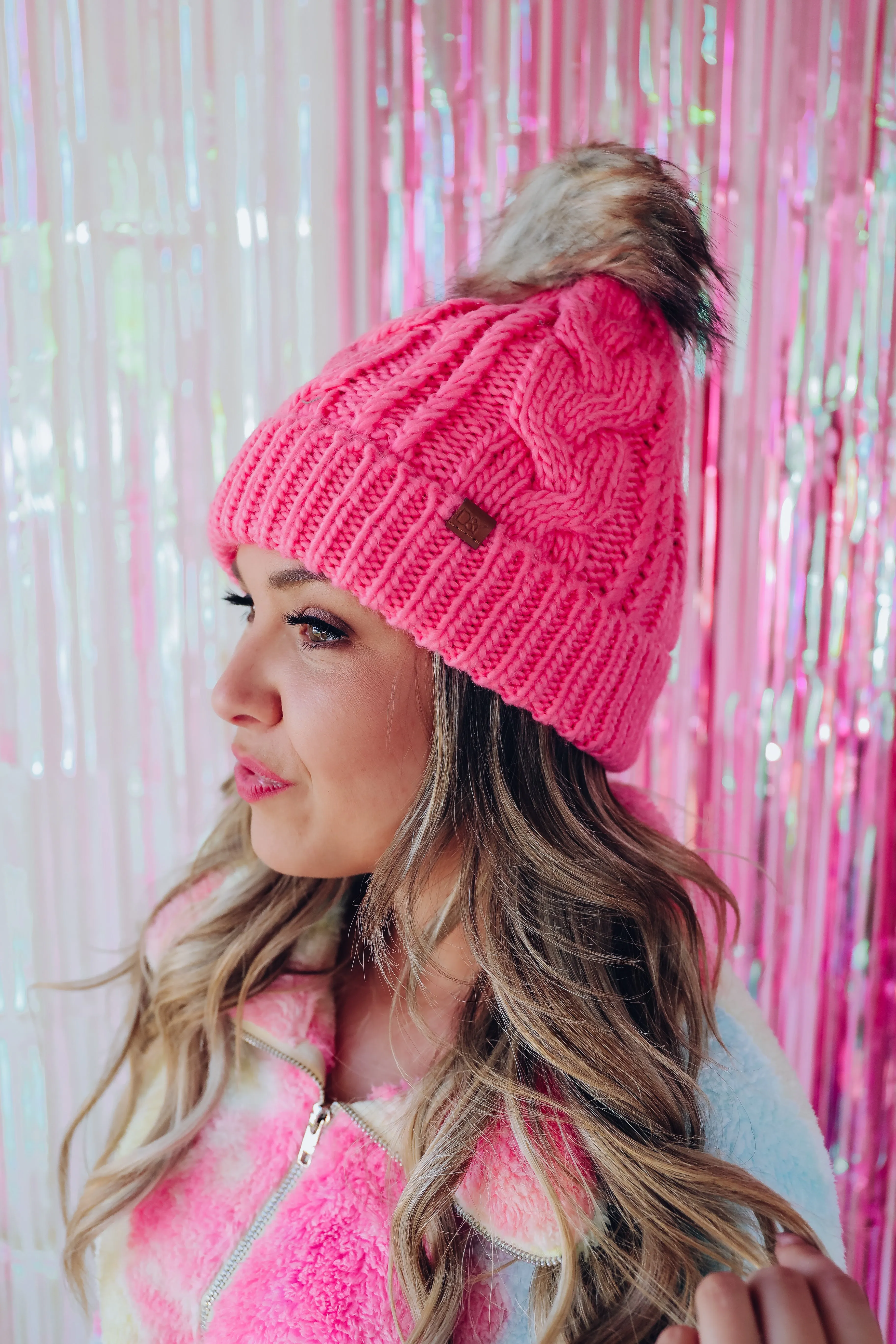 Classic Cable Knit Pom Beanie - Pink