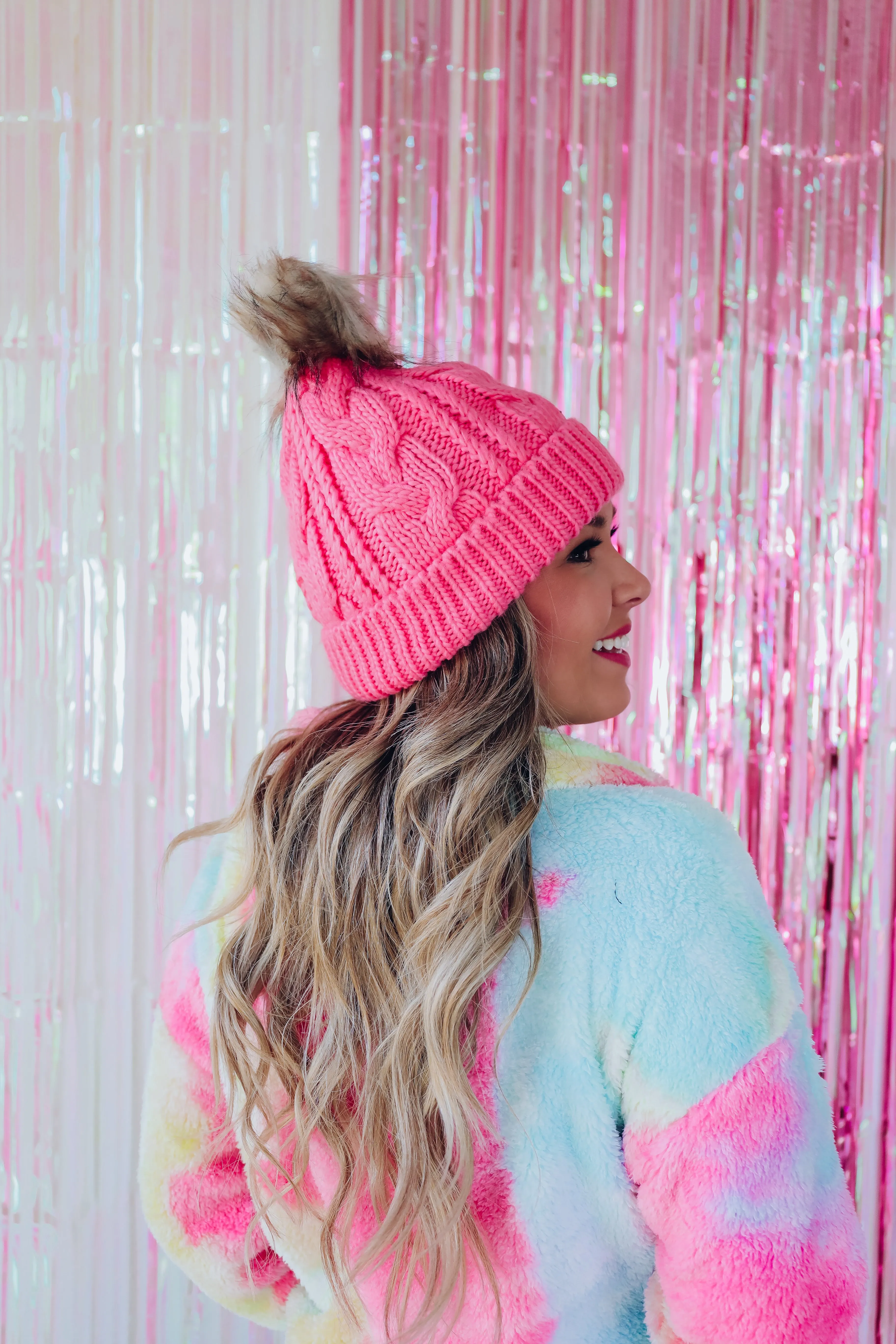 Classic Cable Knit Pom Beanie - Pink
