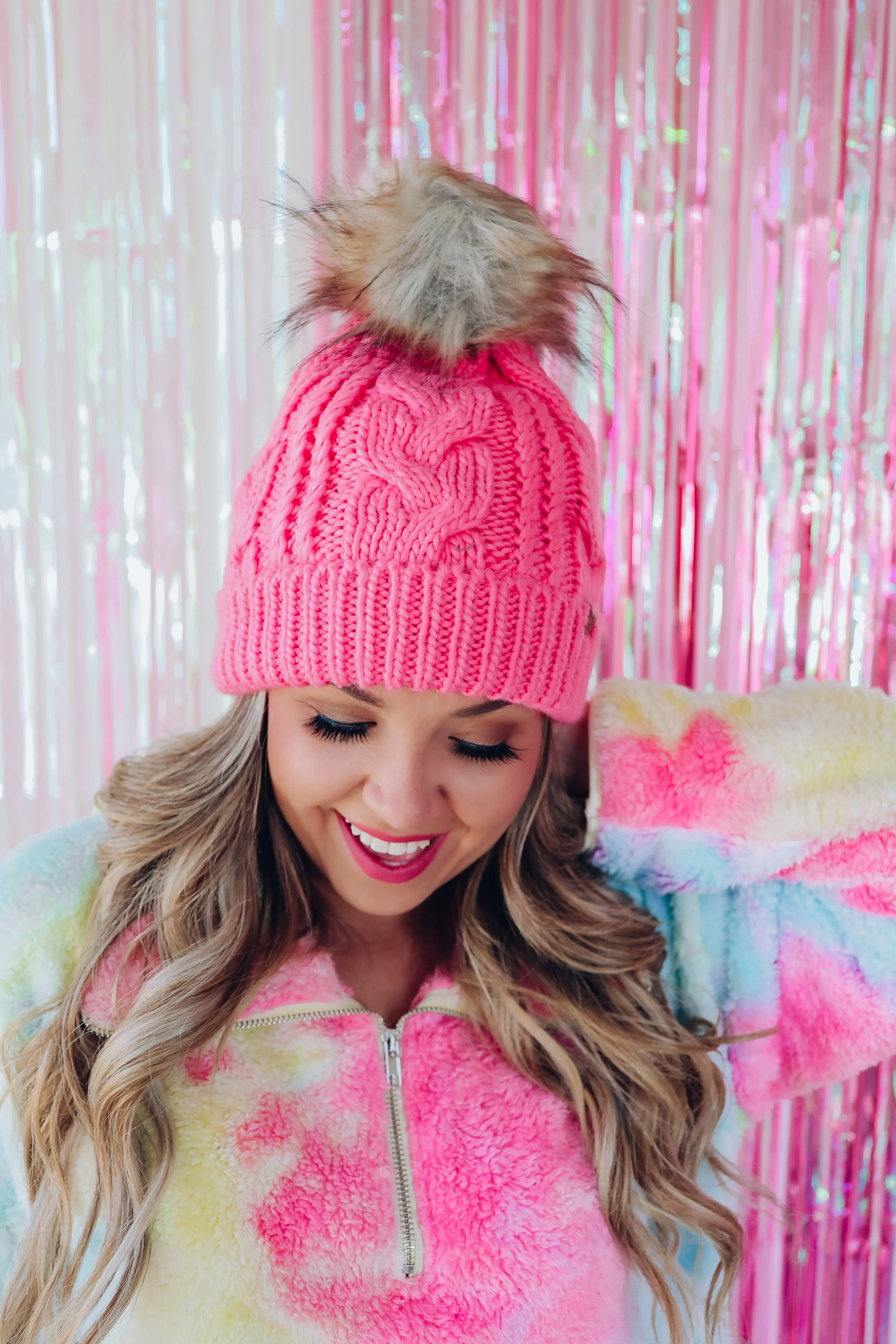 Classic Cable Knit Pom Beanie - Pink