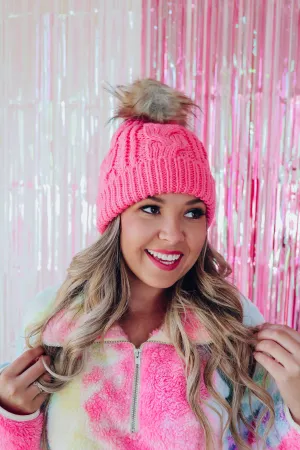 Classic Cable Knit Pom Beanie - Pink