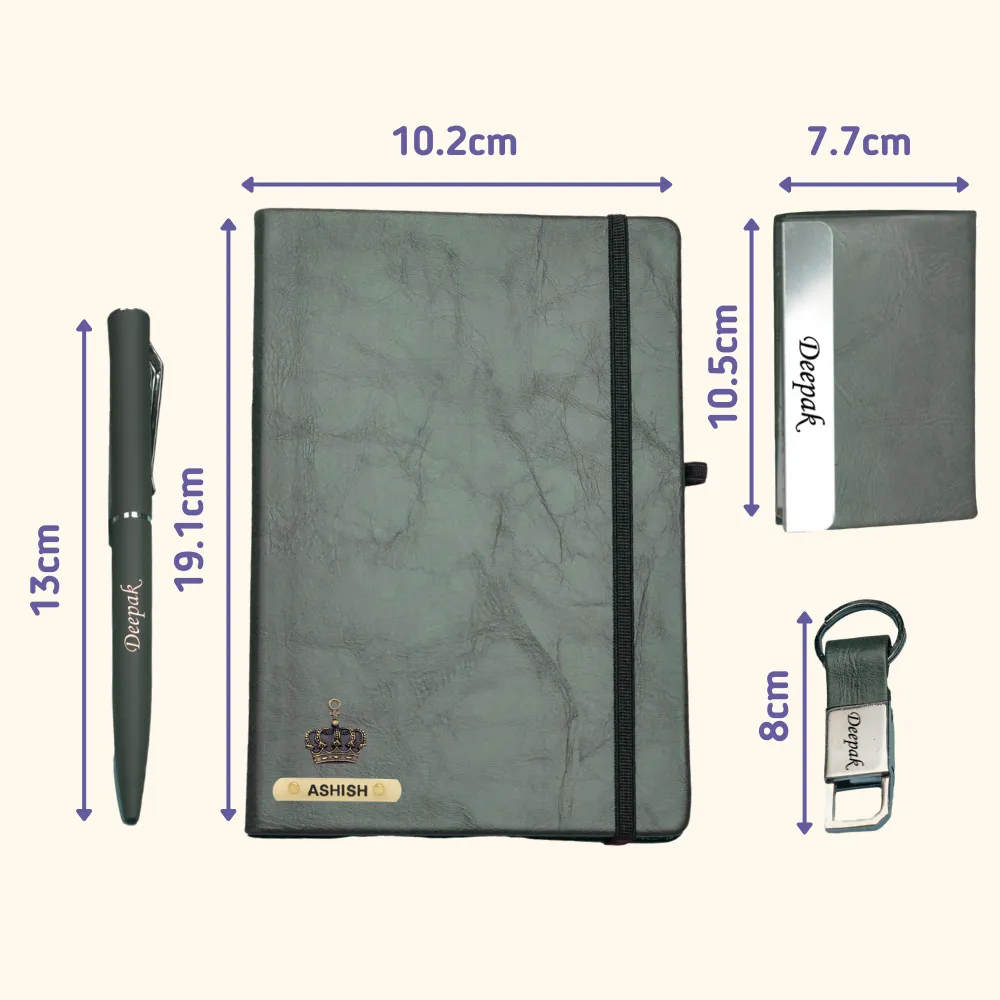 Classy Hardcover Diary   Classic Metal Pen   Classy Leather Metal Keychain   Classy Card Holder - Green