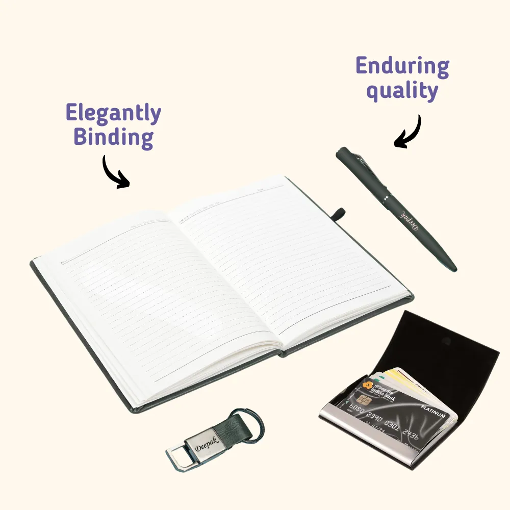 Classy Hardcover Diary   Classic Metal Pen   Classy Leather Metal Keychain   Classy Card Holder - Green