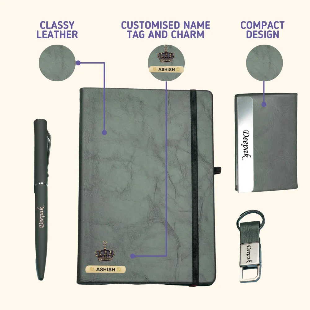 Classy Hardcover Diary   Classic Metal Pen   Classy Leather Metal Keychain   Classy Card Holder - Green