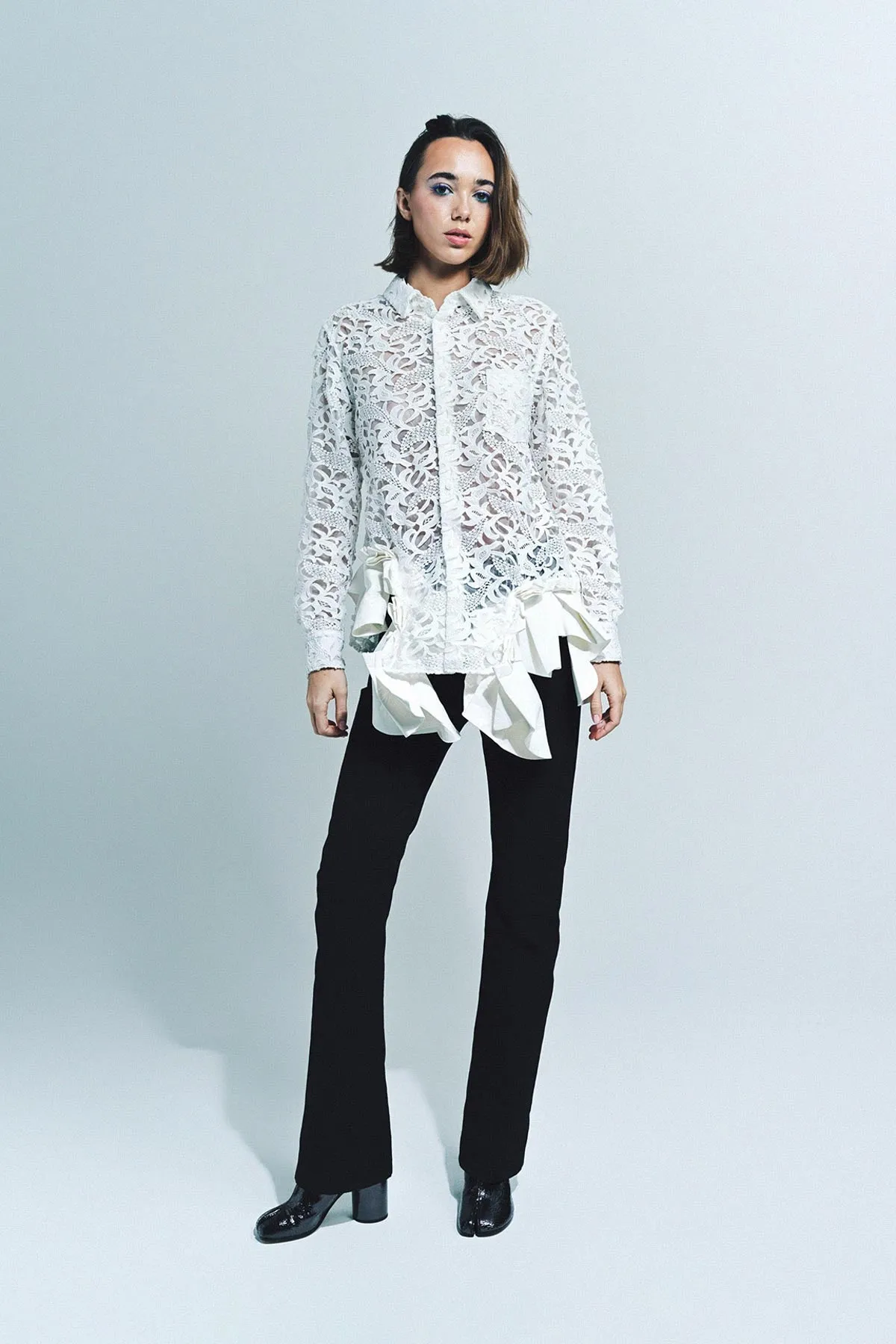 COMME DES GARCONS | LACE & FAUX LEATHER LONG SLEEVE SHIRT