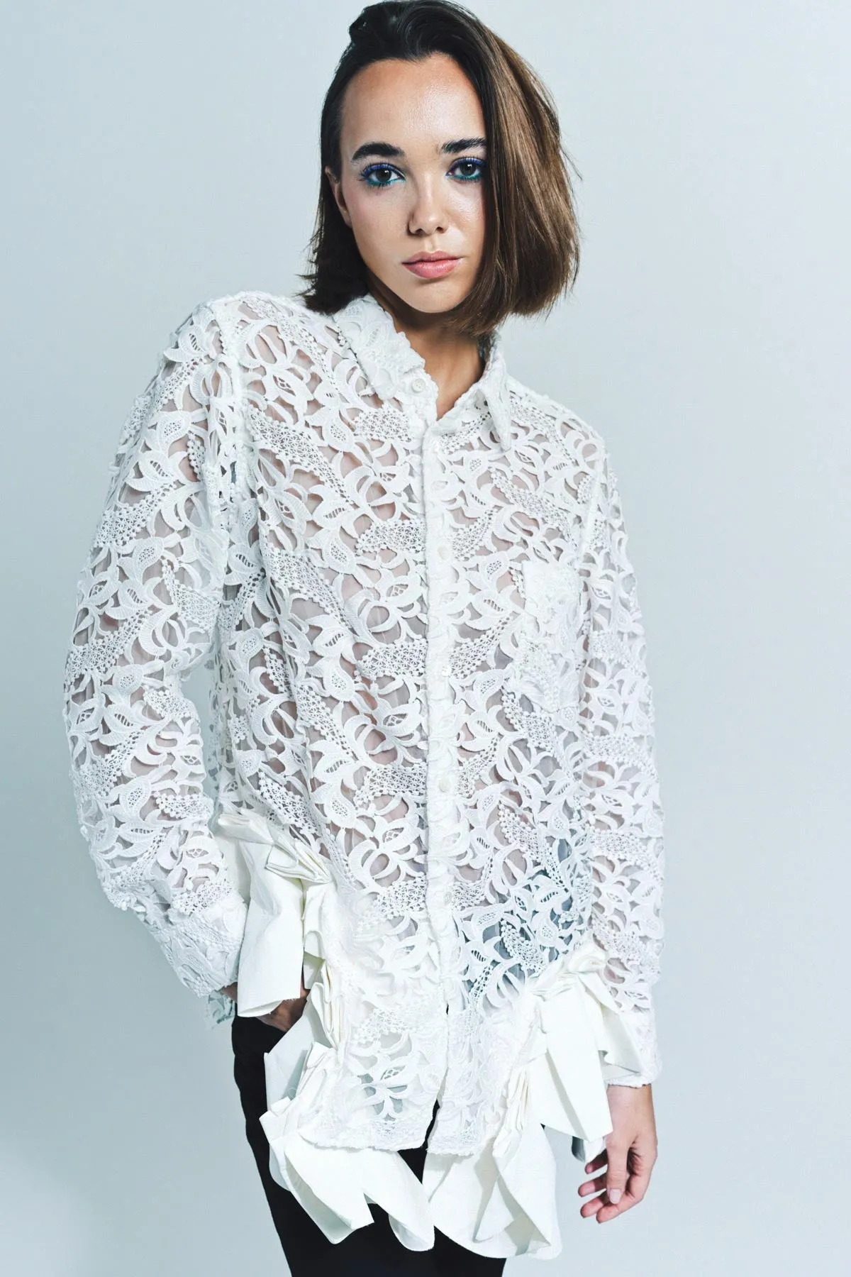 COMME DES GARCONS | LACE & FAUX LEATHER LONG SLEEVE SHIRT