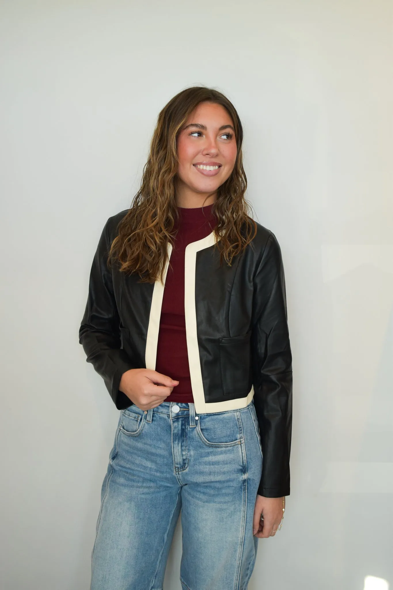 Contrast Faux Leather Cropped Jacket