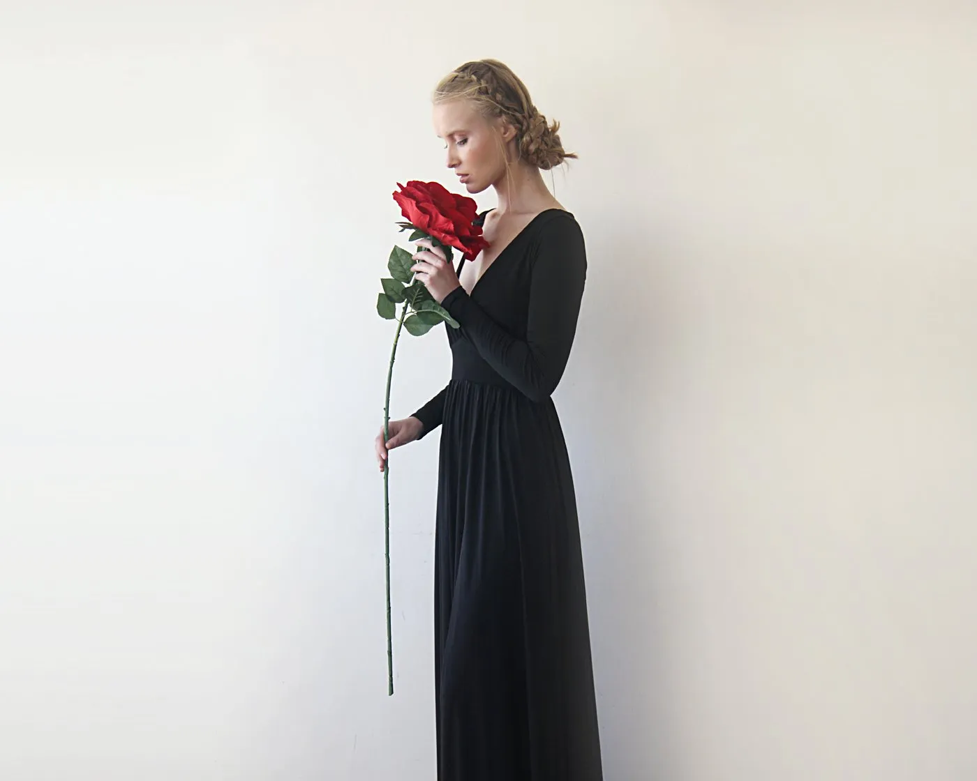 Deep-v Neckline Black Dress #1198
