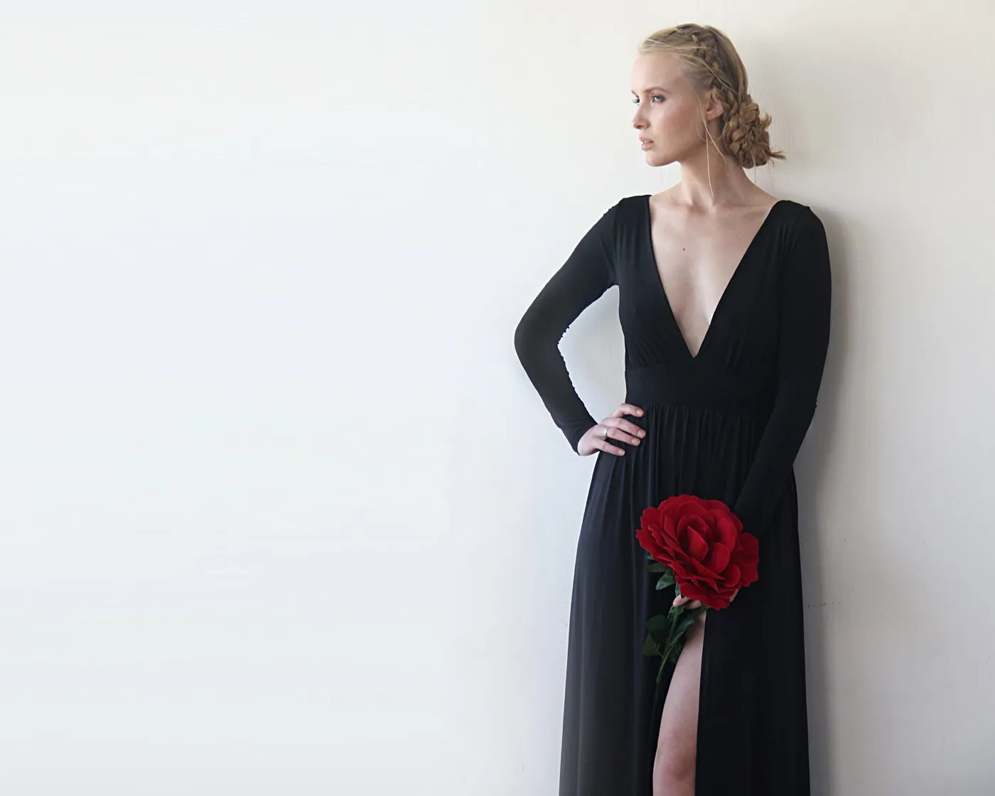 Deep-v Neckline Black Dress #1198