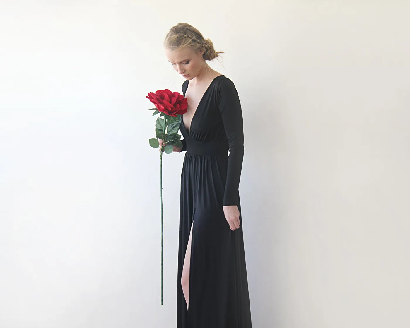 Deep-v Neckline Black Dress #1198