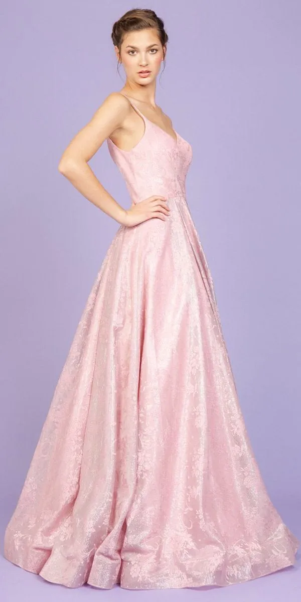 Eureka 9001 A-Line V-Neck Floral Pleated Long Prom Dress