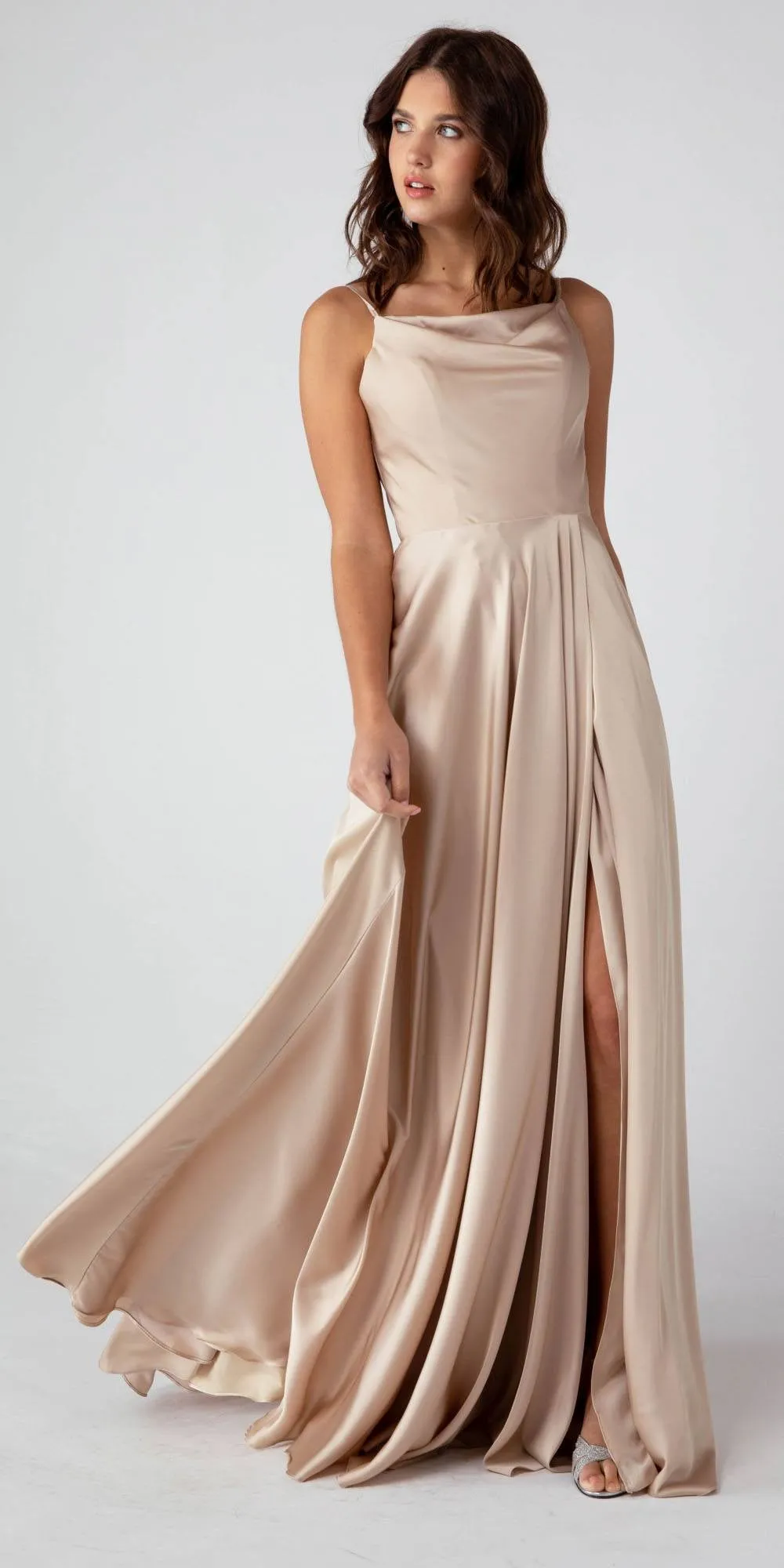 Eureka 9916 Long Matte Satin Dress with Cowl Neckline