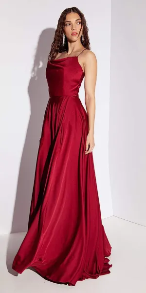 Eureka 9916 Long Matte Satin Dress with Cowl Neckline