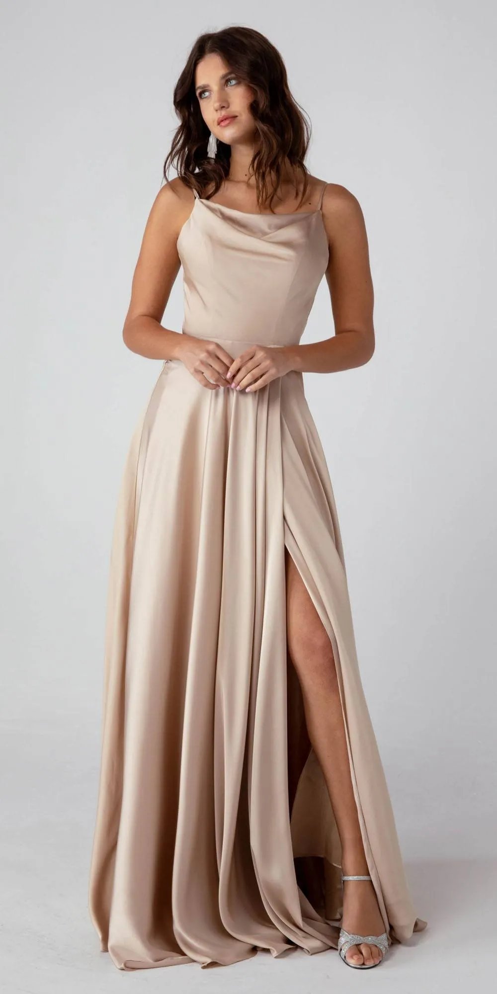 Eureka 9916 Long Matte Satin Dress with Cowl Neckline