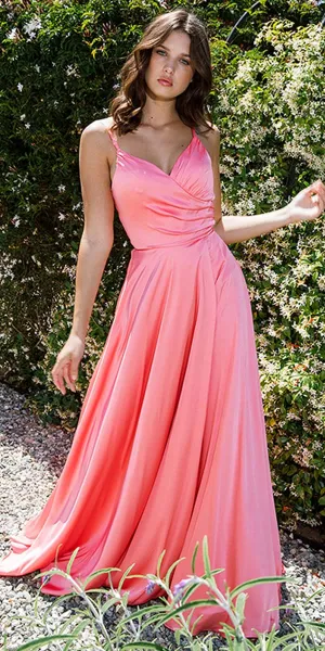 Eureka 9917 Long Rich Satin Dress Pleated Bodice Leg Slit