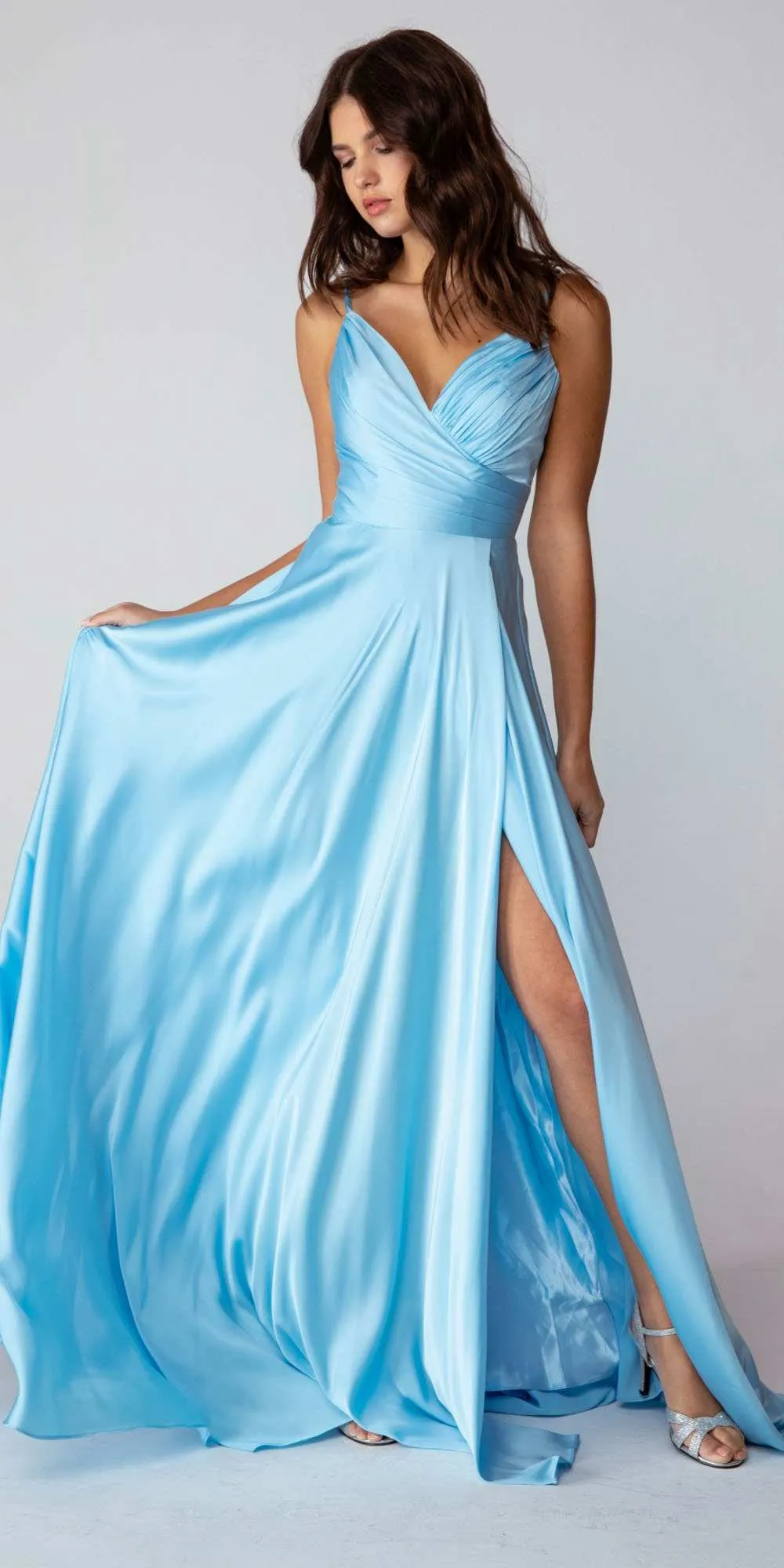 Eureka 9917 Long Rich Satin Dress Pleated Bodice Leg Slit