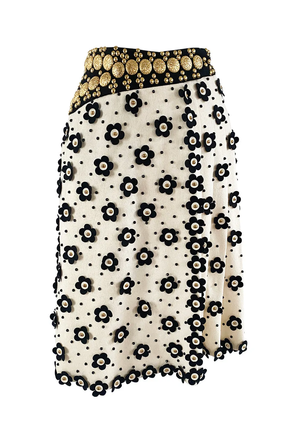 Extraordinary 1970s Adolfo Ivory Felt Wrap Skirt w Gold Filigree Studs & 3D Flower Detailing