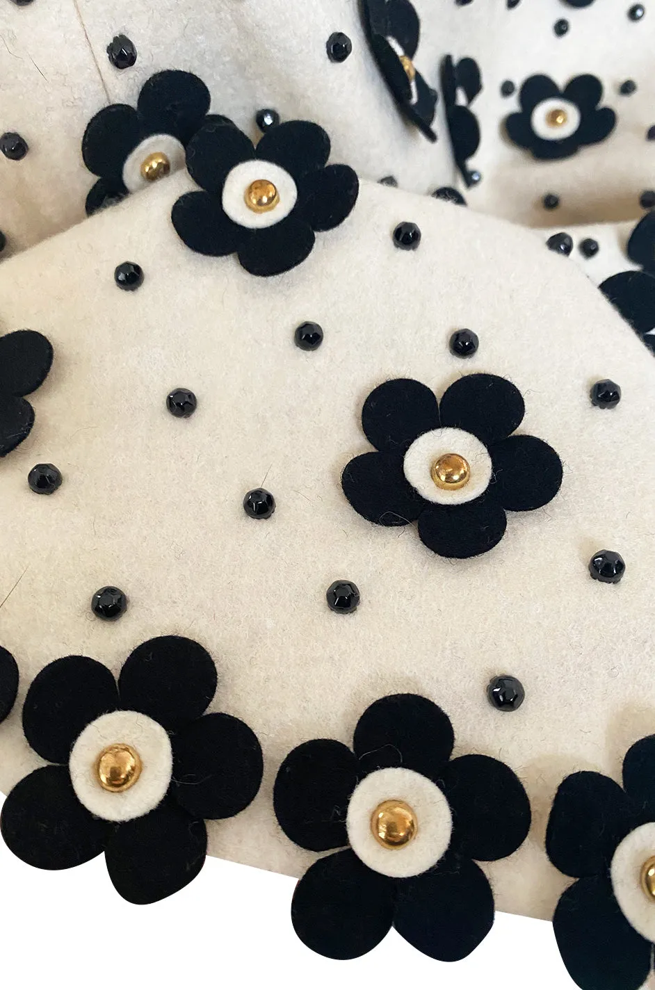 Extraordinary 1970s Adolfo Ivory Felt Wrap Skirt w Gold Filigree Studs & 3D Flower Detailing