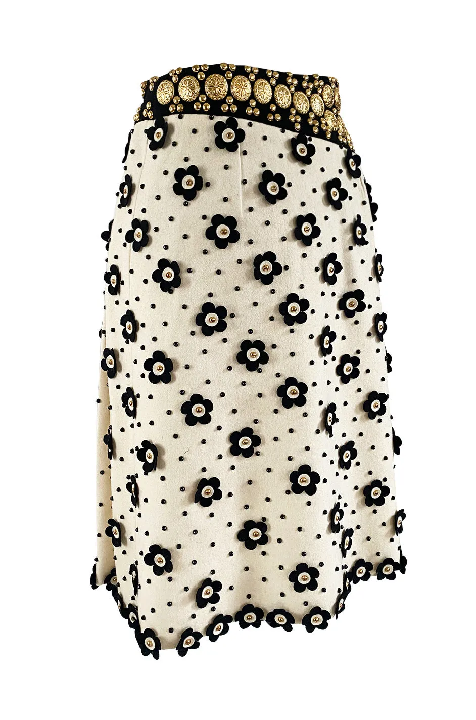 Extraordinary 1970s Adolfo Ivory Felt Wrap Skirt w Gold Filigree Studs & 3D Flower Detailing