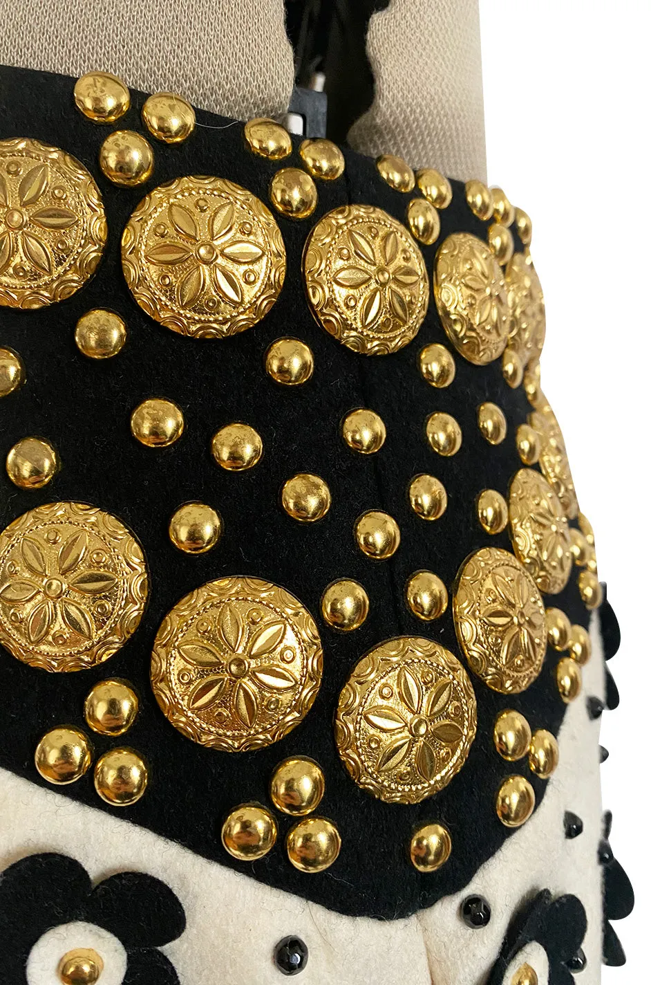 Extraordinary 1970s Adolfo Ivory Felt Wrap Skirt w Gold Filigree Studs & 3D Flower Detailing