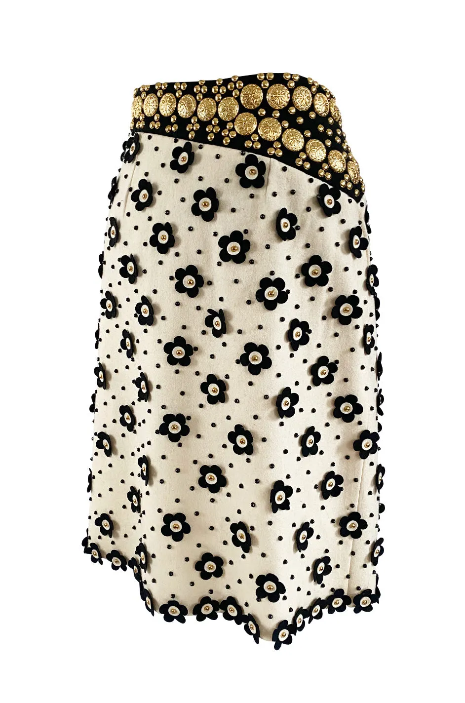 Extraordinary 1970s Adolfo Ivory Felt Wrap Skirt w Gold Filigree Studs & 3D Flower Detailing
