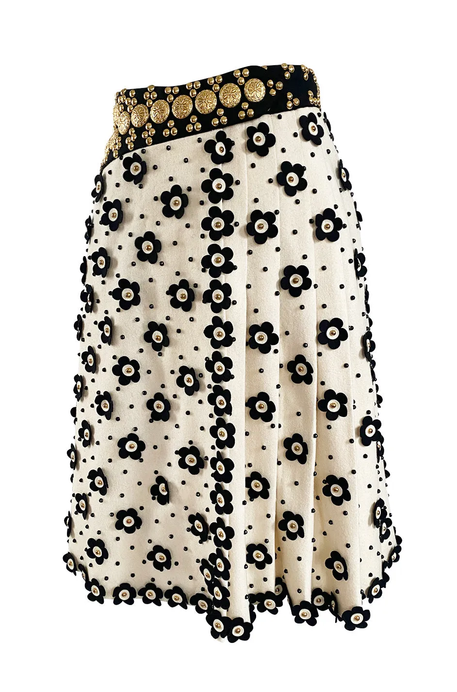 Extraordinary 1970s Adolfo Ivory Felt Wrap Skirt w Gold Filigree Studs & 3D Flower Detailing