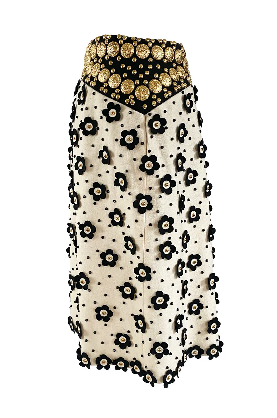 Extraordinary 1970s Adolfo Ivory Felt Wrap Skirt w Gold Filigree Studs & 3D Flower Detailing